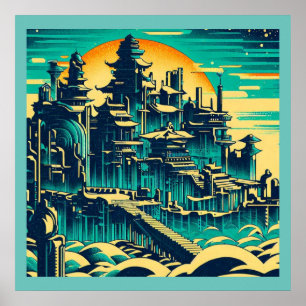 Poster Cidade de Atlantis 1 - Estilo de Woodblock