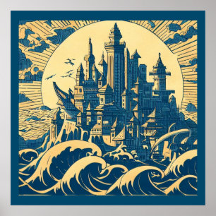 Poster Cidade de Atlantis 3 - Estilo de Woodblock