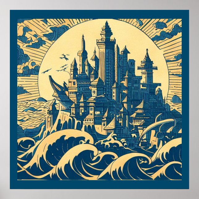 Poster Cidade de Atlantis 3 - Estilo de Woodblock (Frente)