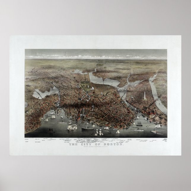 Póster Cidade de Boston, 1873, Vista de Olhos de Aves Pan (Frente)