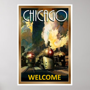 Poster Cidade de Chicago, steamtrain, viagens vintage