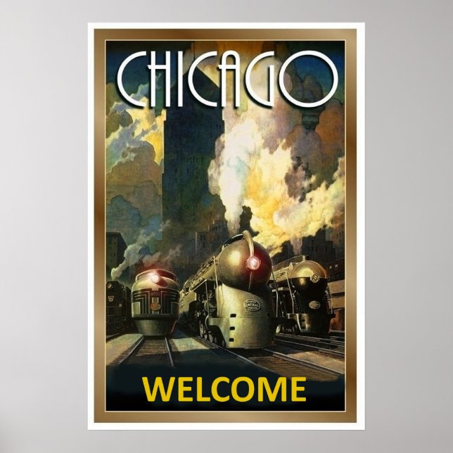Poster Cidade de Chicago, trem a vapor, viagem vintage fe (Frente)
