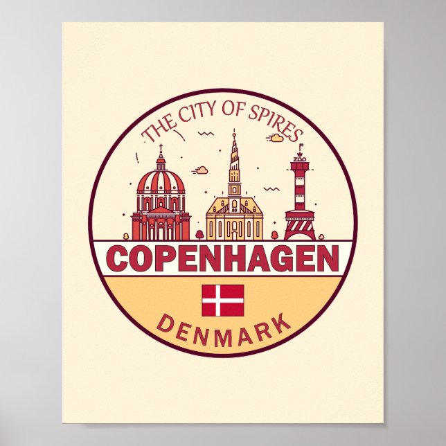 Poster Cidade de Copenhagen Dinamarca - Skyline Emblem (Frente)