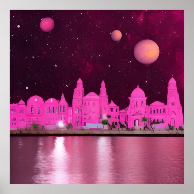 Poster Cidade de Fantasia de Ciência Rosa (Frente)