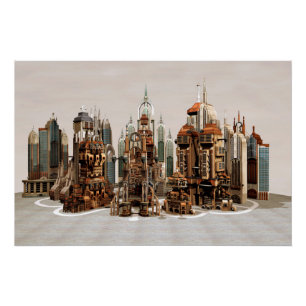 Póster Cidade de Fantasia Futurista Arte de Horizonte de
