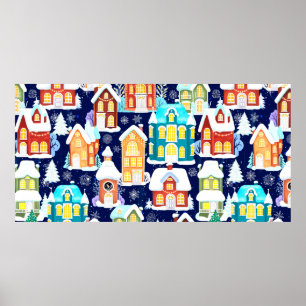 Poster Cidade de inverno com casas vitorianas. Tema de Na