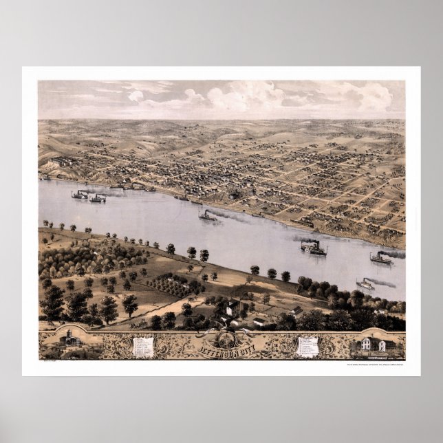 Póster Cidade de Jefferson, Mapa Panorâmico do MO - 1869 (Frente)