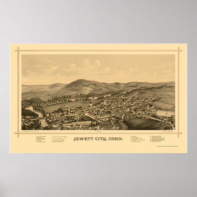 Poster Cidade de Jewett, Mapa Panorâmico do CT - 1889 (Frente)