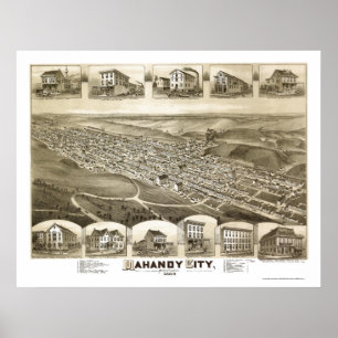 Póster Cidade de Mahanoy, mapa panorâmico do PA - 1889