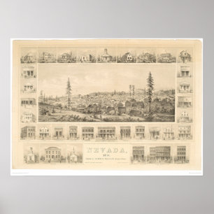 Póster Cidade de Nevada, mapa panorâmico 1856 do CA