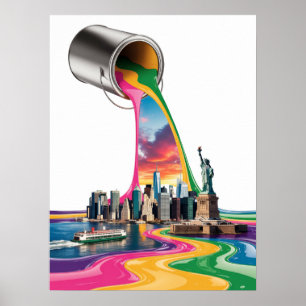 Poster Cidade de Nova York Colorido Despejo de Tinta Arco