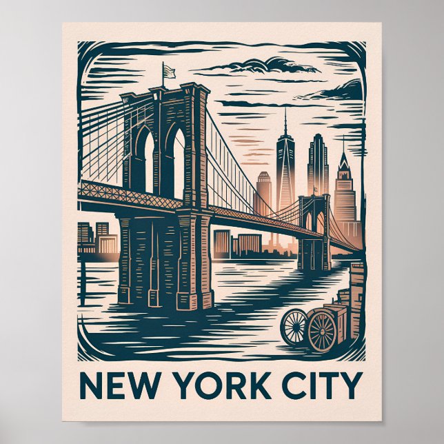 Poster Cidade de Nova York Ponte de Brooklyn Retrô Destac (Frente)