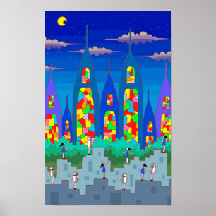 Poster Cidade de vitrais numa noite estrelada.
