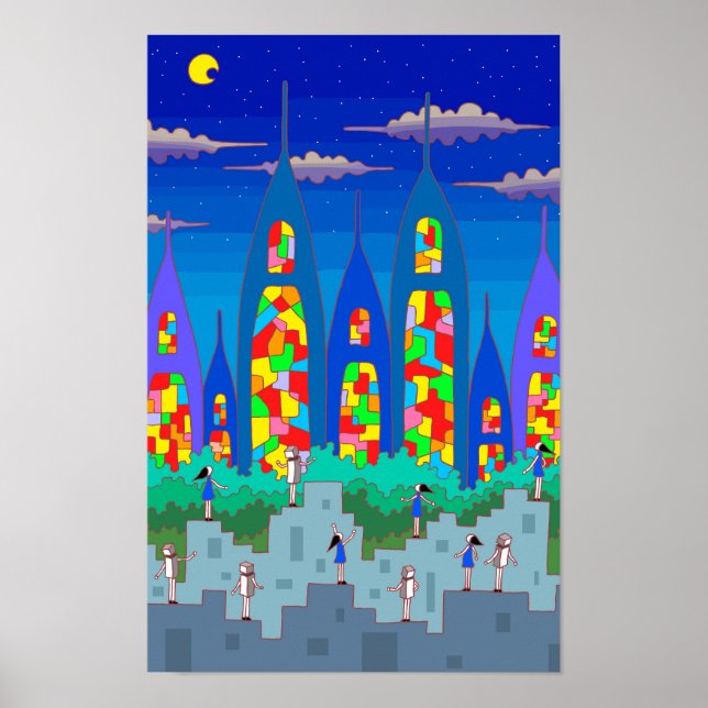 Poster Cidade de vitrais numa noite estrelada. (Frente)
