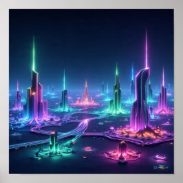 Poster Cidade dinâmica de Alienígena com feixes de luz