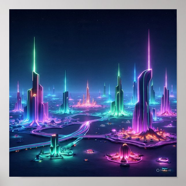 Poster Cidade dinâmica de Alienígena com feixes de luz (Frente)