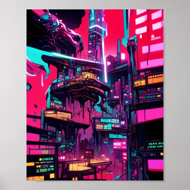 Poster Cidade distópica sunset - Ilustração de tinta neon (Frente)