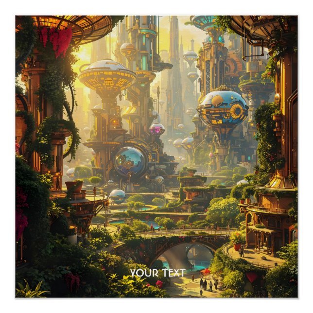 Póster Cidade do Futuro Verde Fantasy (Frente)
