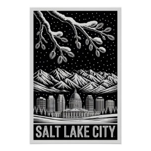 Póster Cidade do Lago Salgado Cena Noturna em Preto e Bra