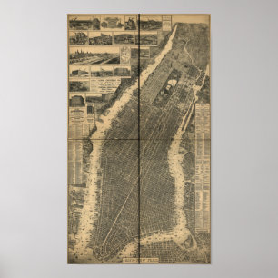 Póster Cidade do mapa panorâmico antigo de New York 1879