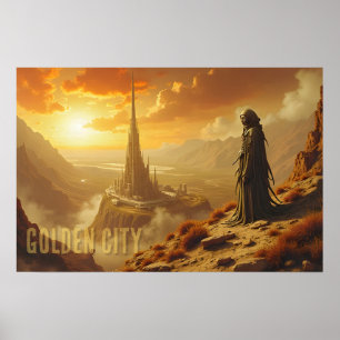 Poster Cidade Dourada Arte Futurista de Ficção Científica