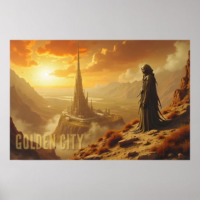 Poster Cidade Dourada Arte Futurista de Ficção Científica (Frente)