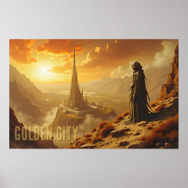 Poster Cidade Dourada Arte Futurista de Ficção Científica (Frente)