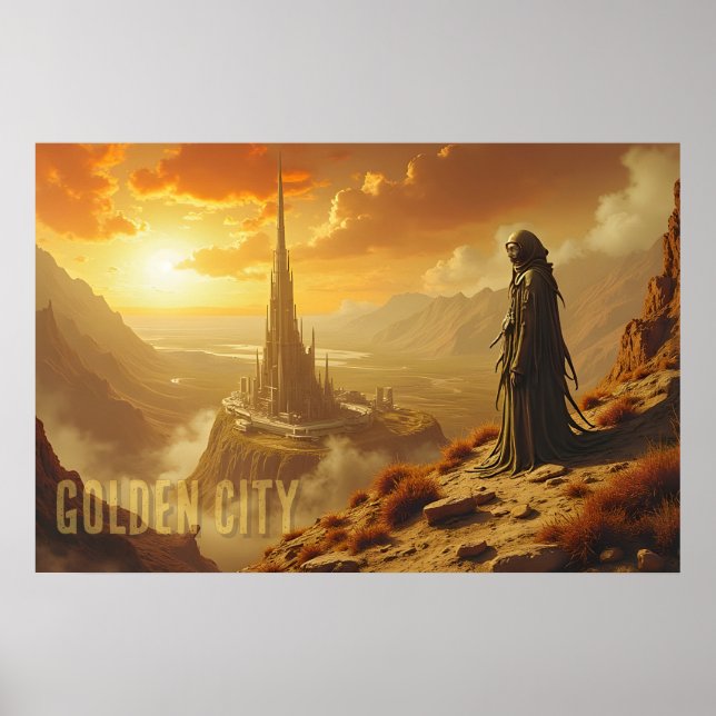 Poster Cidade Dourada Futurista Arte de Ficção Científica (Frente)