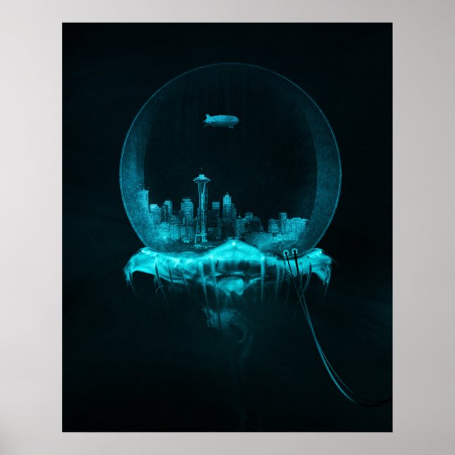 Póster Cidade Fantástica num globo de neve com um Blimp (Frente)