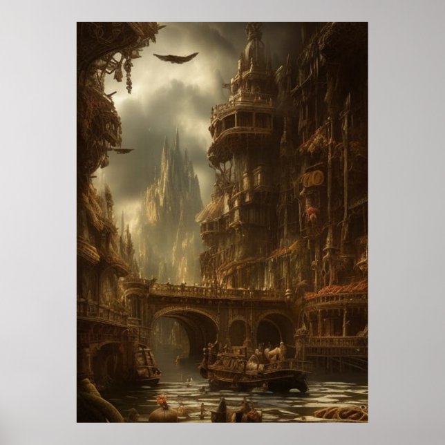 Poster Cidade fantástica, rio, ponte, prédios (Frente)