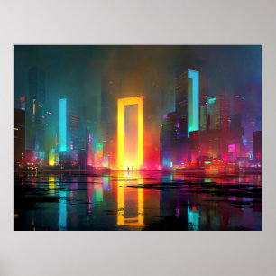 Poster Cidade Futurista com Portal Neon Radiante