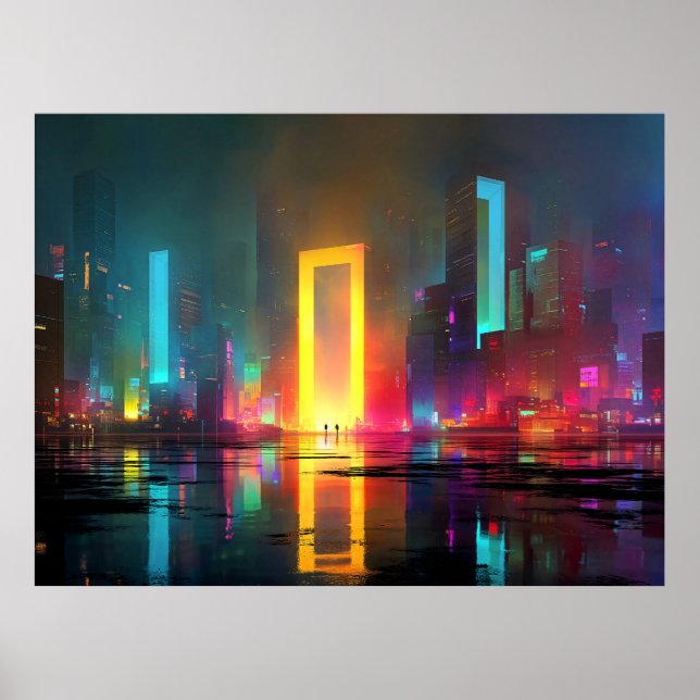 Poster Cidade Futurista com Portal Neon Radiante (Frente)