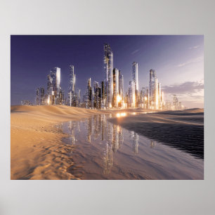 Poster Cidade Futurista de Ficção Científica Refletida na