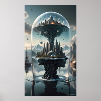 Poster Cidade Futurista Surreal sob Cartaz de Vidro
