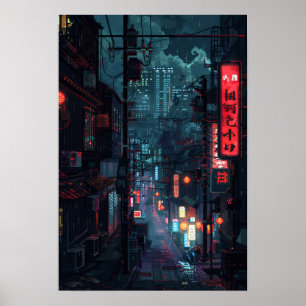 Poster Cidade Futurística Cyberpunk, Estilo Tóquio, em Po