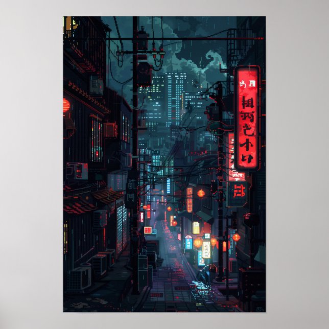 Poster Cidade Futurística Cyberpunk, Estilo Tóquio, em Po (Frente)