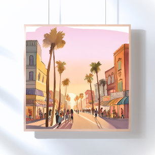 Poster Cidade Litorânea ao Pôr do Sol   Aquarela de Palme