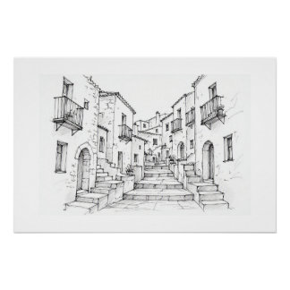 Póster Cidade Mediterrânea Arte Caneta