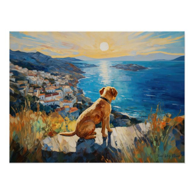 Póster Cidade mediterrânica idílica, Cão de Labrador Retr (Frente)