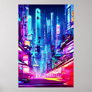 Poster Cidade Neon Futurística Cyberpunk