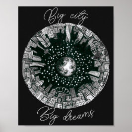 Poster Cidade panorâmica em preto e branco sob a Lua