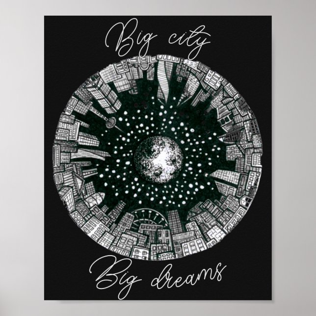 Poster Cidade panorâmica em preto e branco sob a Lua (Frente)