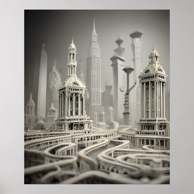 Poster Cidade Surreal Monocromática da Cinza Bizarra (Frente)