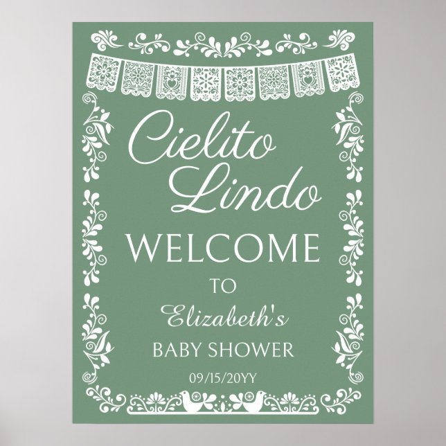 Poster Cielito Lindo Chá de Bebê Olá em Verde Sage (Frente)