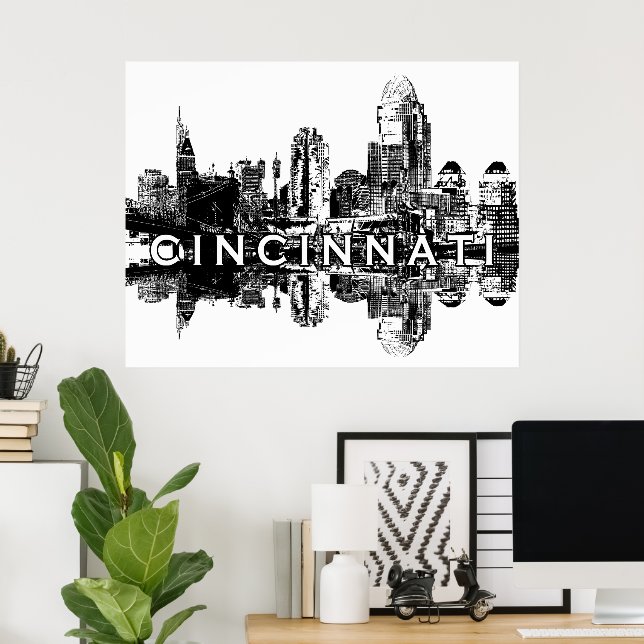 Poster Cincinnati, Ohio, em preto e branco (Escritório em casa)