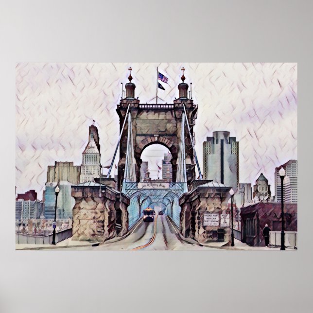Poster Cincinnati Roebling Suspensão Bridge Watercolor (Frente)