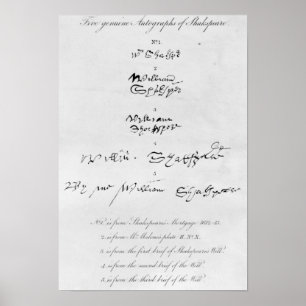 Póster Cinco autógrafos genuínos de William Shakespeare