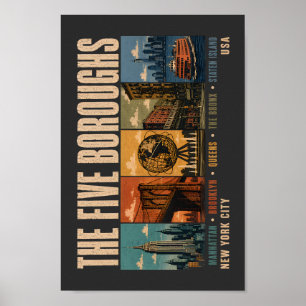 Poster Cinco Bairros Nova York NYC Ilustração Retro
