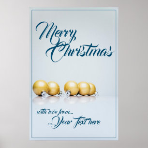 Poster Cinco bolas de natal de ouro - escrevendo azul