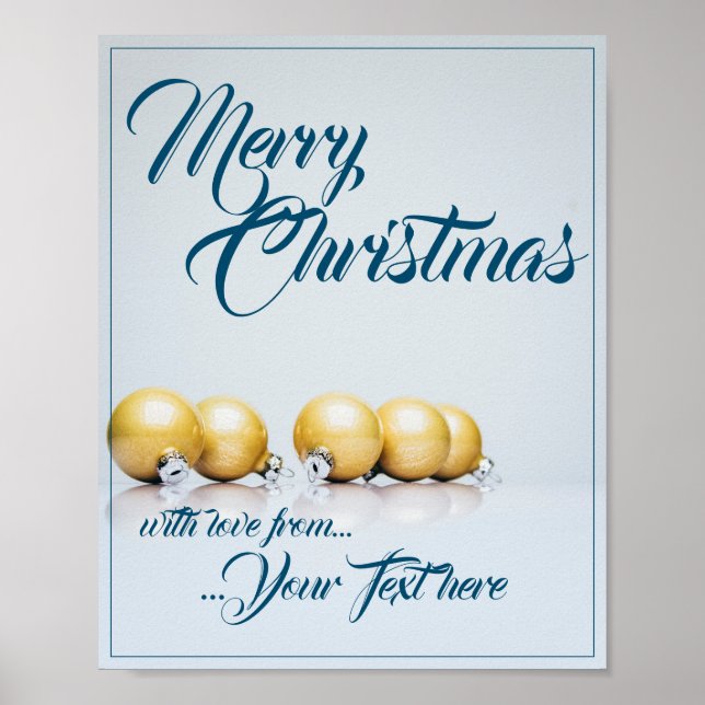 Poster Cinco bolas de natal douradas - escrita azul (Frente)